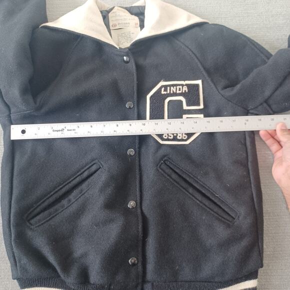 Vintage Delong Varsity Cheerleading Jacket Womens 34 Black Wool 80s Snapfront - Picture 5 of 8